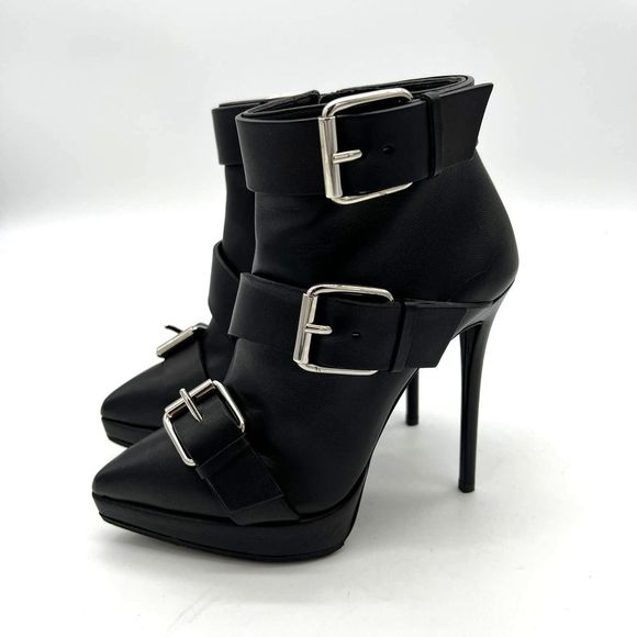 Giuseppe Zanotti Shoes - Giuseppe Zanotti Emy Triple Buckle Pointed Stiletto Leather Booties 37